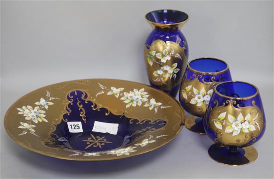 Two blue enamel goblets, dish and a vase
